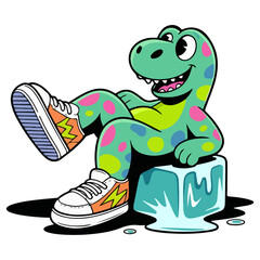 a cute dinosaur sitting on cold ice comic vector illustration design on white background.