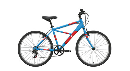 A bicycle with blue frame and red accents is isolated, presented for sporty leisure activity.