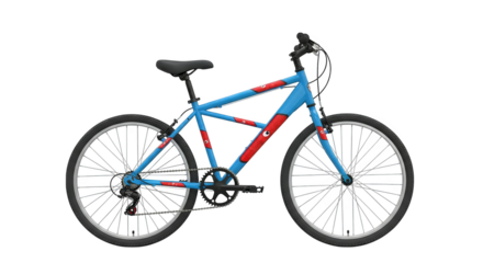 A bicycle with blue frame and red accents is isolated, presented for sporty leisure activity.