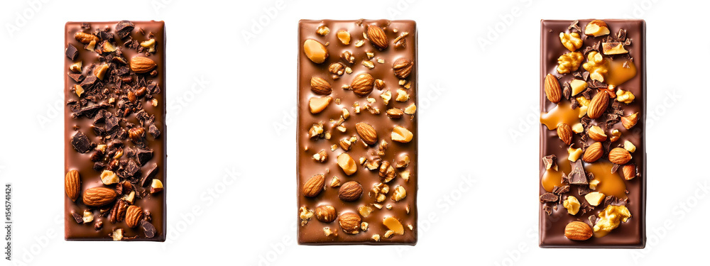 Poster set of chocolate bars infused with nuts and caramel showing detailed textures and layers isolated on