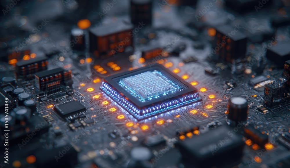 Poster close-up of illuminated central processing unit (cpu) on a circuit board, glowing with orange and bl