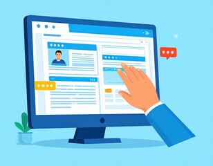 Hand Interacting with Profile Page on Computer Screen with Reviews and Notifications