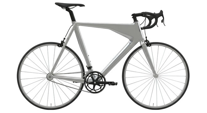 A sleek, silver road bicycle is showcased with clean lines in a modern studio aesthetic rendering. - Powered by Adobe