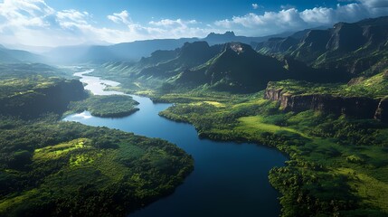 Obraz premium Serene River Valley Lush Landscape Aerial View 