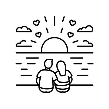 Couple Watching Sunset Ocean View Line Art Icon horizon