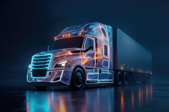 Futuristic semi-truck with glowing energy lines, rendered in a dark setting, reflecting on a wet surface - Powered by Adobe