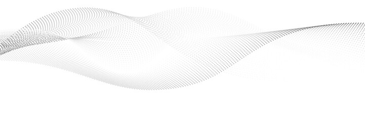 Flowing dots particles wave pattern halftone gradient curve shape isolated on white background. Vector in concept of technology, science, music, modern.