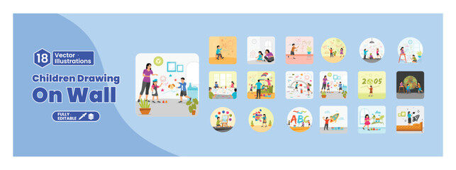 Set of illustrations of children drawing creatively on the wall. Mega set.