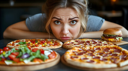 Woman looking at pizza and burger