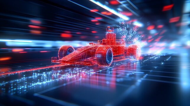 Red racing car, digital speed, data stream, futuristic track, technology concept