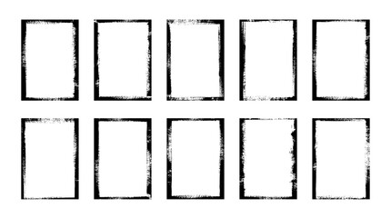 Distressed edge brush painted frames. Vector black hand-drawn grungy frame backgrounds. Poster template set. Old picture overlay collection. Brush stroke painted borders. Grunge punk collage bg