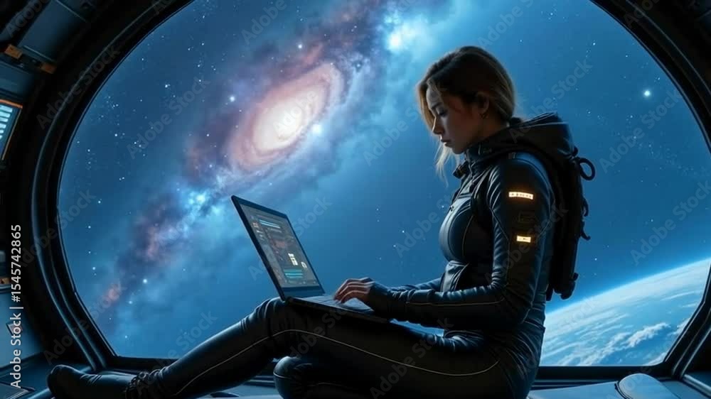 Poster a figure in a sleek space suit is working on a laptop while sitting by a large window, with a stunni