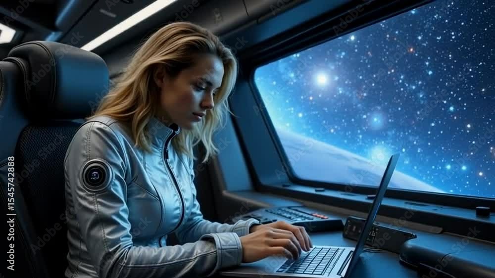 Poster a figure in a sleek space suit is working on a laptop while sitting by a large window, with a stunni