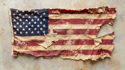 An old, weathered American flag with a torn and frayed edge, lying on a rough, textured surface.
