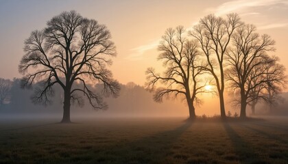 Naklejka premium Silhouetted trees at sunrise in a misty field.