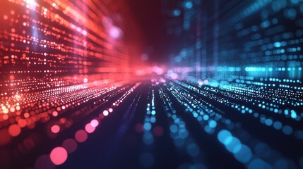 A vibrant, colorful, abstract digital data stream with red and blue hues, flowing in a grid-like pattern against a dark background.