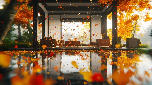 Autumn leaves fall in modern pavilion, reflecting in water, serene garden background