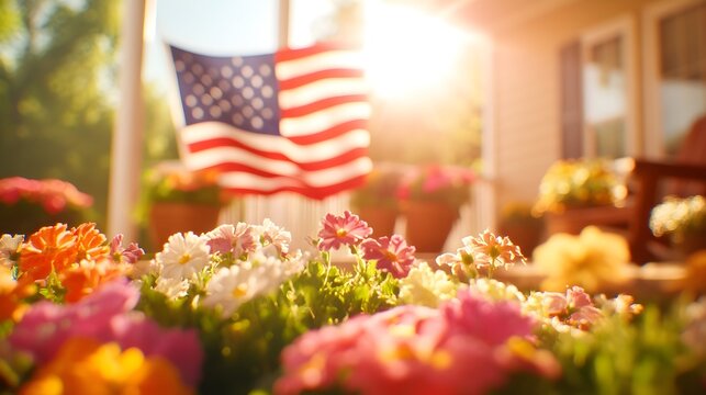 Sunny porch, flowers, flag, home, patriotic, spring, summer, garden, USA, celebration - Powered by Adobe