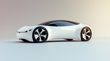 A sleek, futuristic white car with black accents and a sleek, aerodynamic design, parked on a smooth, reflective surface with a gradient background.