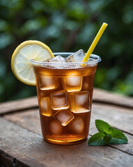 Plastic glass with ice tea and lemon on wooden table with green garden on the background. Summer drink and refreshment. Ai Generative.