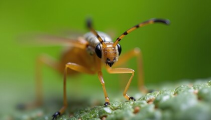 Naklejka premium Close-up of a small, orange insect on a leaf.