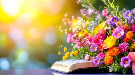 Colorful flowers atop bible, sunny garden backdrop, faith