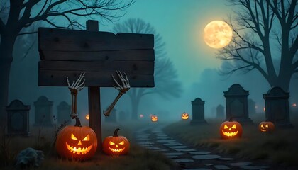Spooky Halloween Scene with Jack o Lanterns and Tombstones under a Full Moon