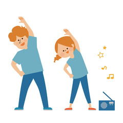 ラジオ体操をする大人の男女　かわいいイラスト素材