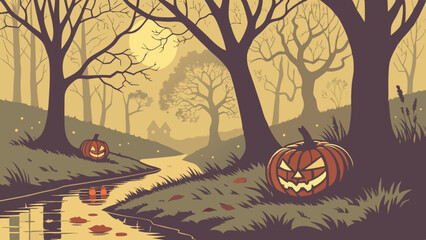 Spooky halloween jack olanterns by creek in autumn woods