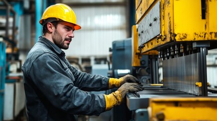 Skilled Heavy Machinery Operator Operating Hydraulic Press Machine in Close-up Detail on White Background