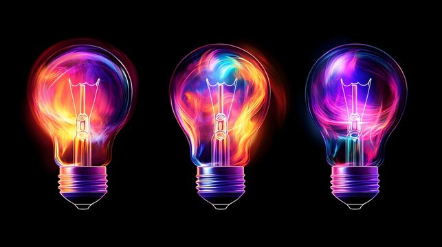 Fiery lightbulbs glow, dark background, idea concept