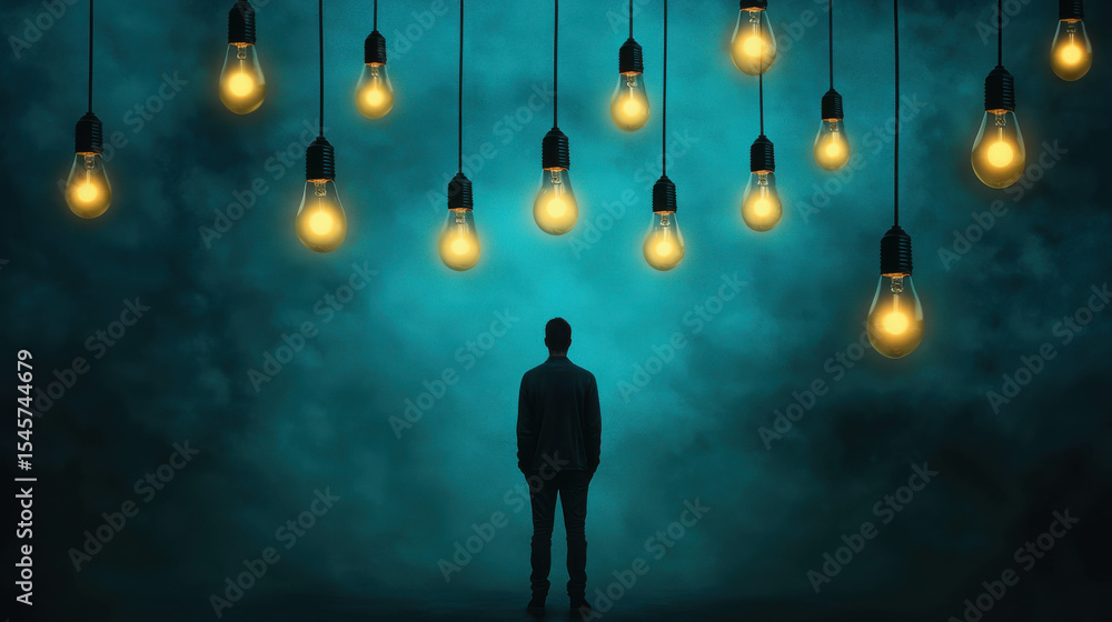 Poster man standing in dark atmosphere with hanging light bulbs illuminating foggy background, creating a m