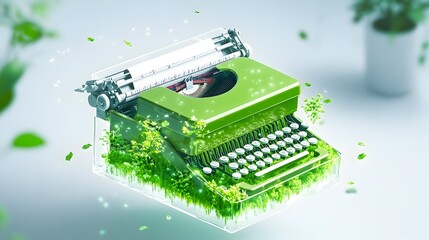 Green typewriter, plants, office, eco-writing, nature
