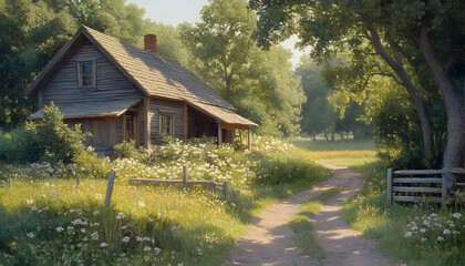 Rustic country house in sunny meadow
