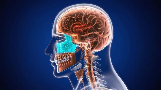 3D medical animation showing brain, nasal cavity, and sinus function, highlighting respiratory anatomy and neurological connections in the human head.