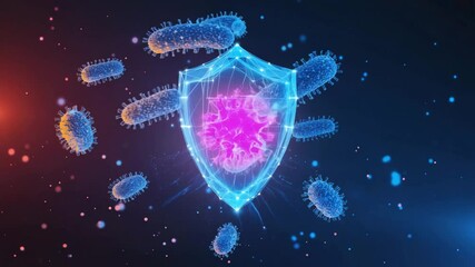 Digital shield with glowing core protecting against virus cells, representing immune system defense in colorful visualization. - Powered by Adobe