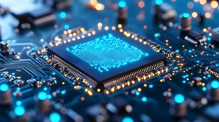 Obraz premium AI processor glowing on circuit board, data processing, tech background, future tech