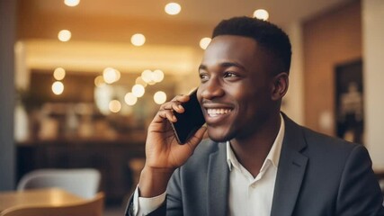 Smiling African American Man in Gray Suit Talking on Mobile Phone at Cafe With Blurred Background And Warm Lighting - Powered by Adobe