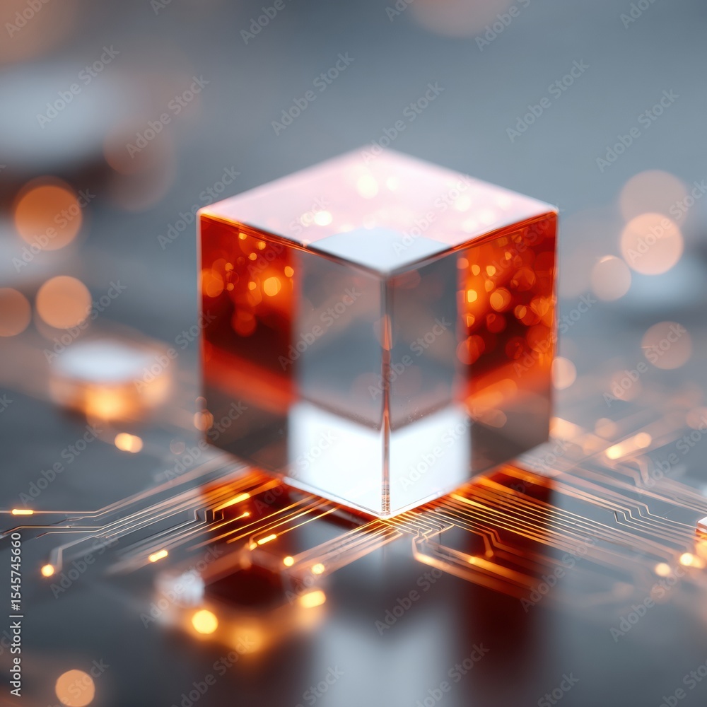 Poster futuristic glowing cube on digital circuit board representing network connectivity and innovative da