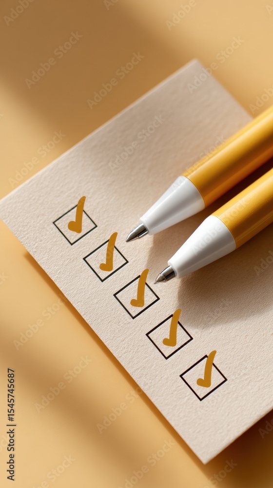 Poster warm lifestyle checklist with completed vote counting and pens on textured paper - productivity, org