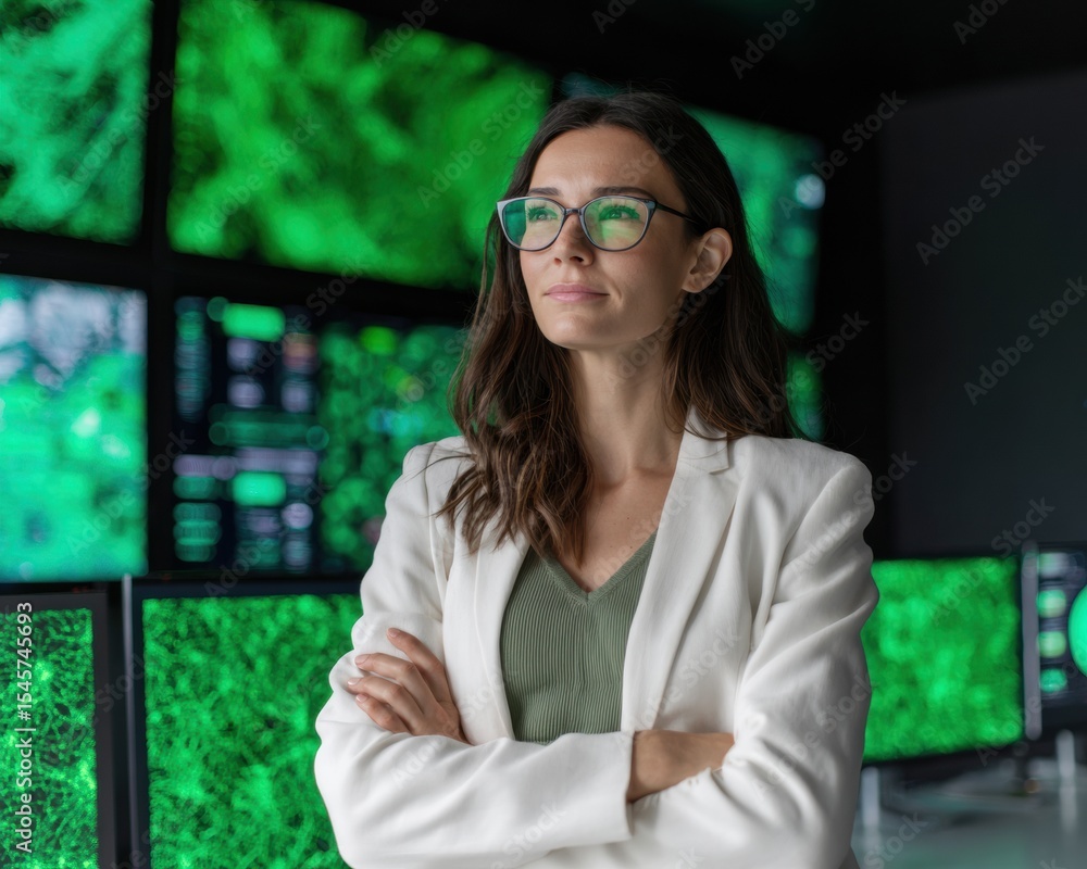 Aufkleber confident female cybersecurity analyst in high-tech control room with vibrant green data screens rep