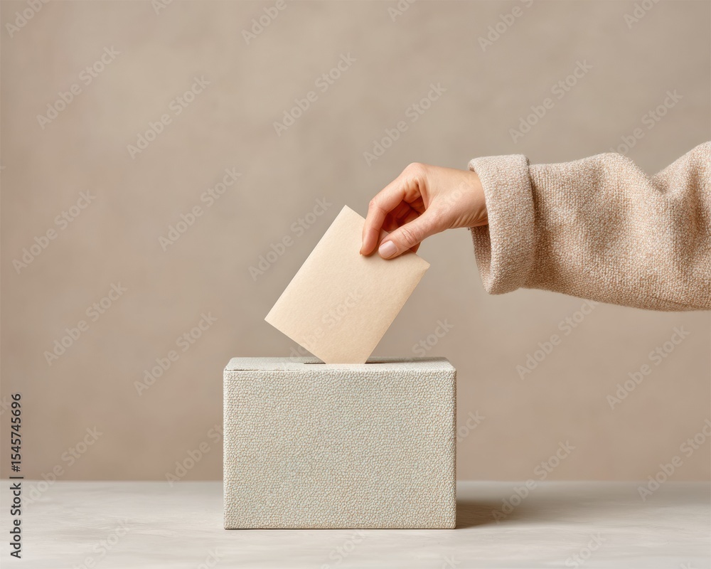 Poster elegant hand dropping ballot into textured secure voting box at polling station in muted champagne t