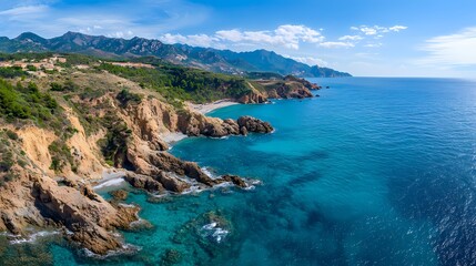 Fototapeta premium Mediterranean Coastline Panoramic Aerial View of Secluded Beach and Azure Waters 