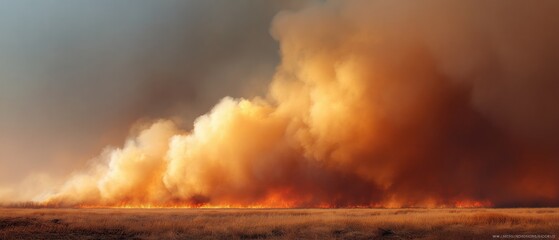 Obraz premium Intense Wildfire Plume Over Dry Rural Texas Landscape with Dramatic Chiaroscuro Lighting for Fire Safety and Drought Awareness Campaigns