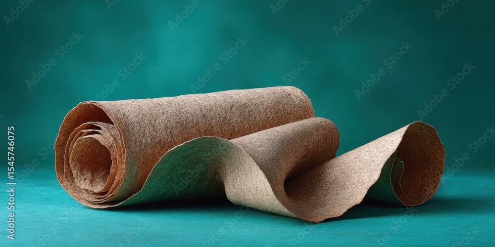 Poster rustic antique scroll rolled parchment with textured surface on teal backdrop for heritage branding 