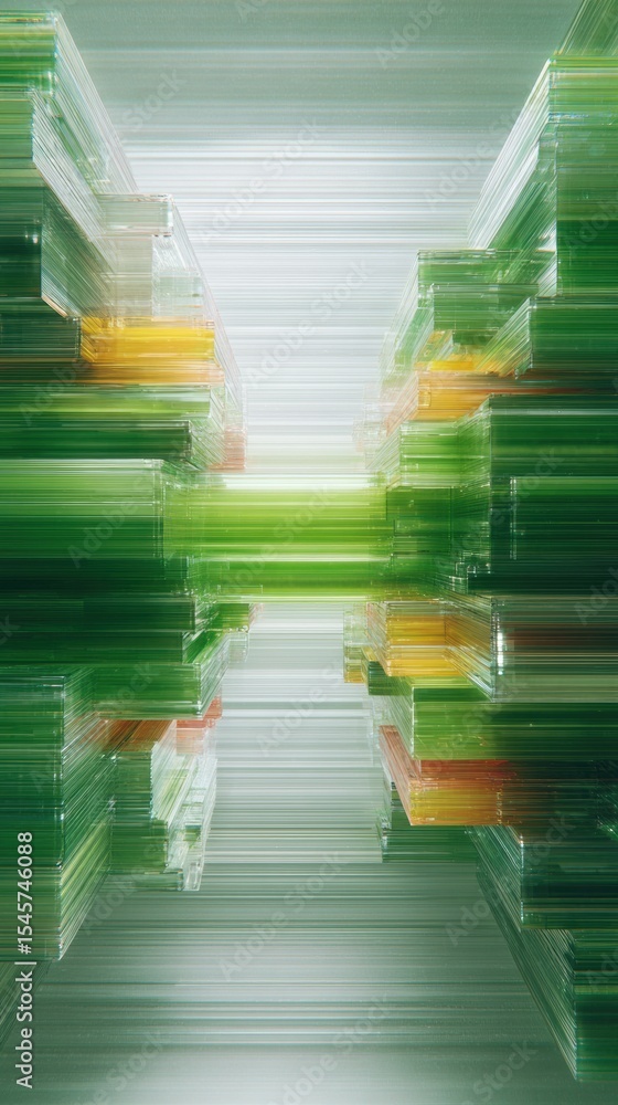 Poster abstract digital glitch effect with vibrant green and orange pixelated stripes on a static backgroun