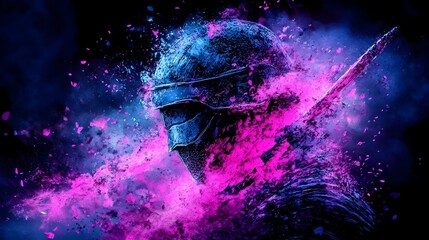 Cybernetic Samurai, digital art, neon, explosion, background, game design