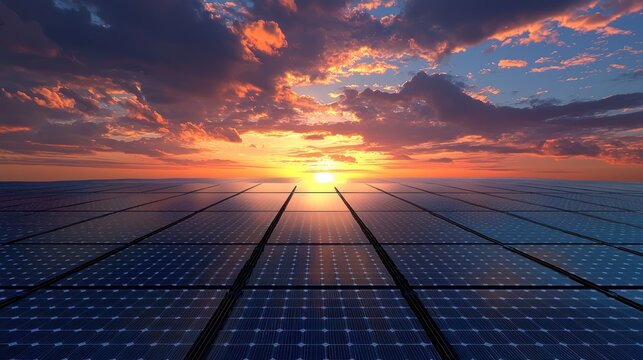 A vast array of solar panels, illuminated by the setting sun, casting a warm glow across the sky.