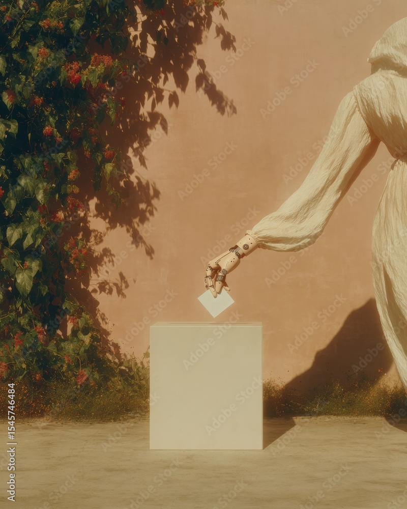 Aufkleber Futuristic Robotic Hand Casting Paper Ballot into Secure Box with Warm Minimalist Background for Tech-Driven Election Security Concept