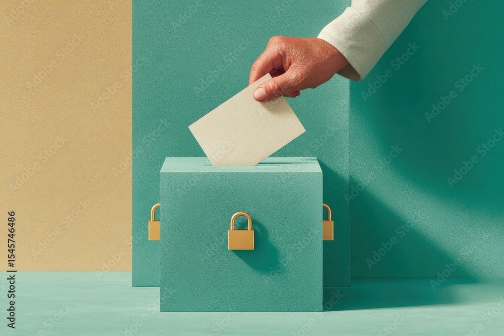 Poster Secure Voting Concept with Person Casting Ballot into Locked Box in Modern Polling Station Conveying Trust and Civic Engagement